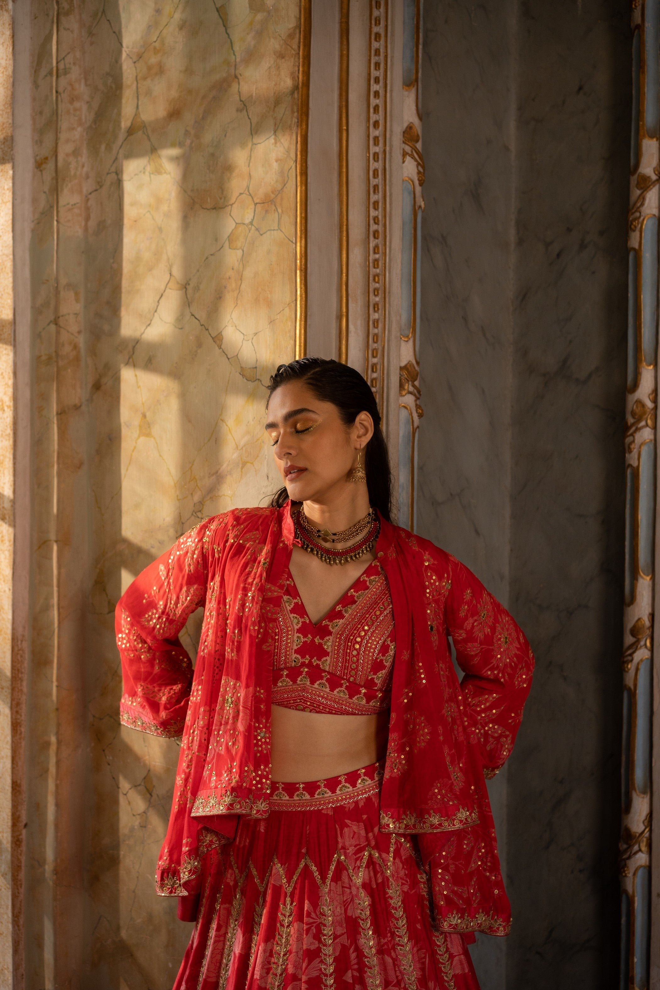 RED MONO FLORAL LEHENGA SET