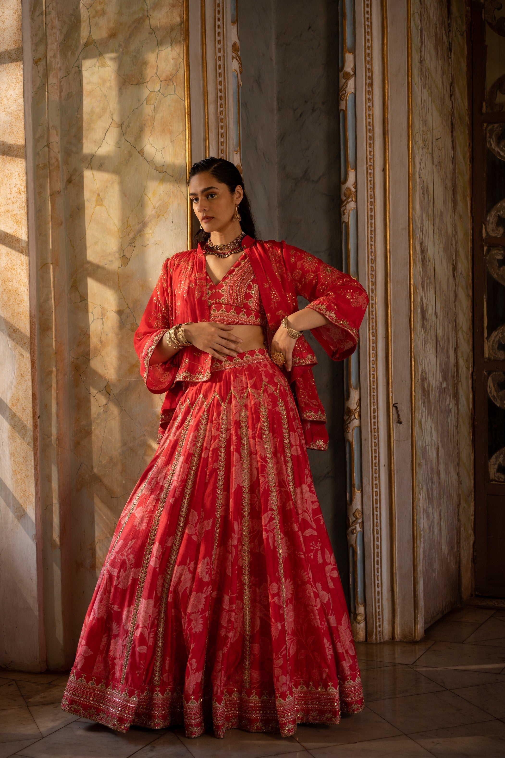 RED MONO FLORAL LEHENGA SET