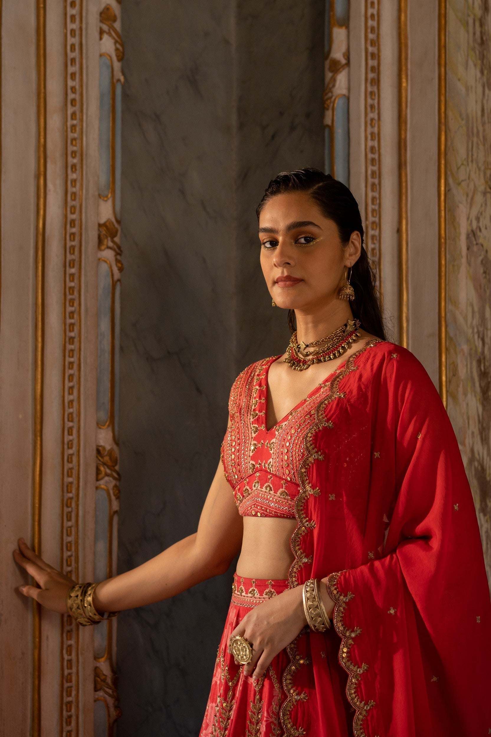 RED MONO FLORAL LEHENGA SET