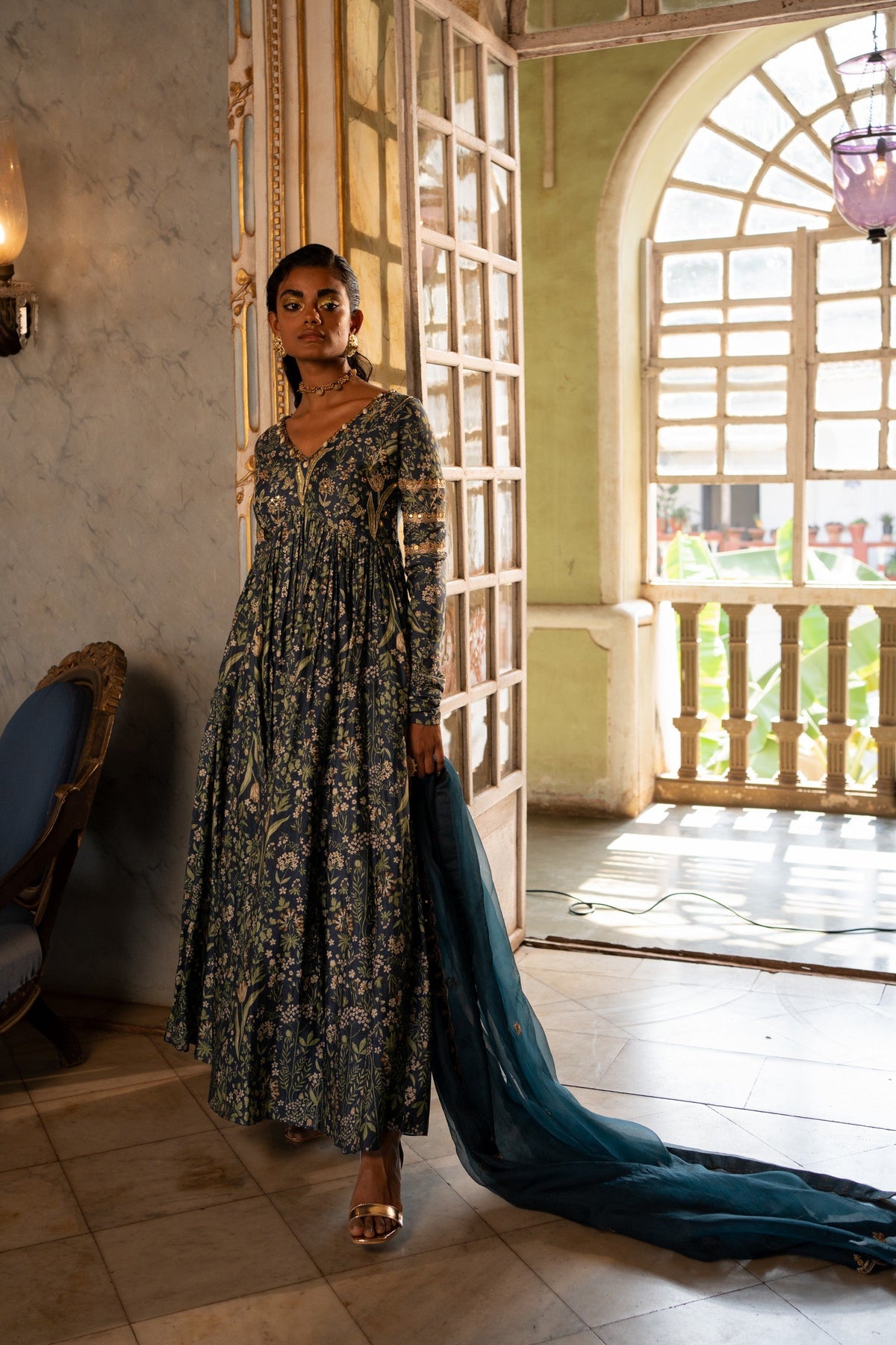 Wild berry Lucknawi Anarkali with Pants Set