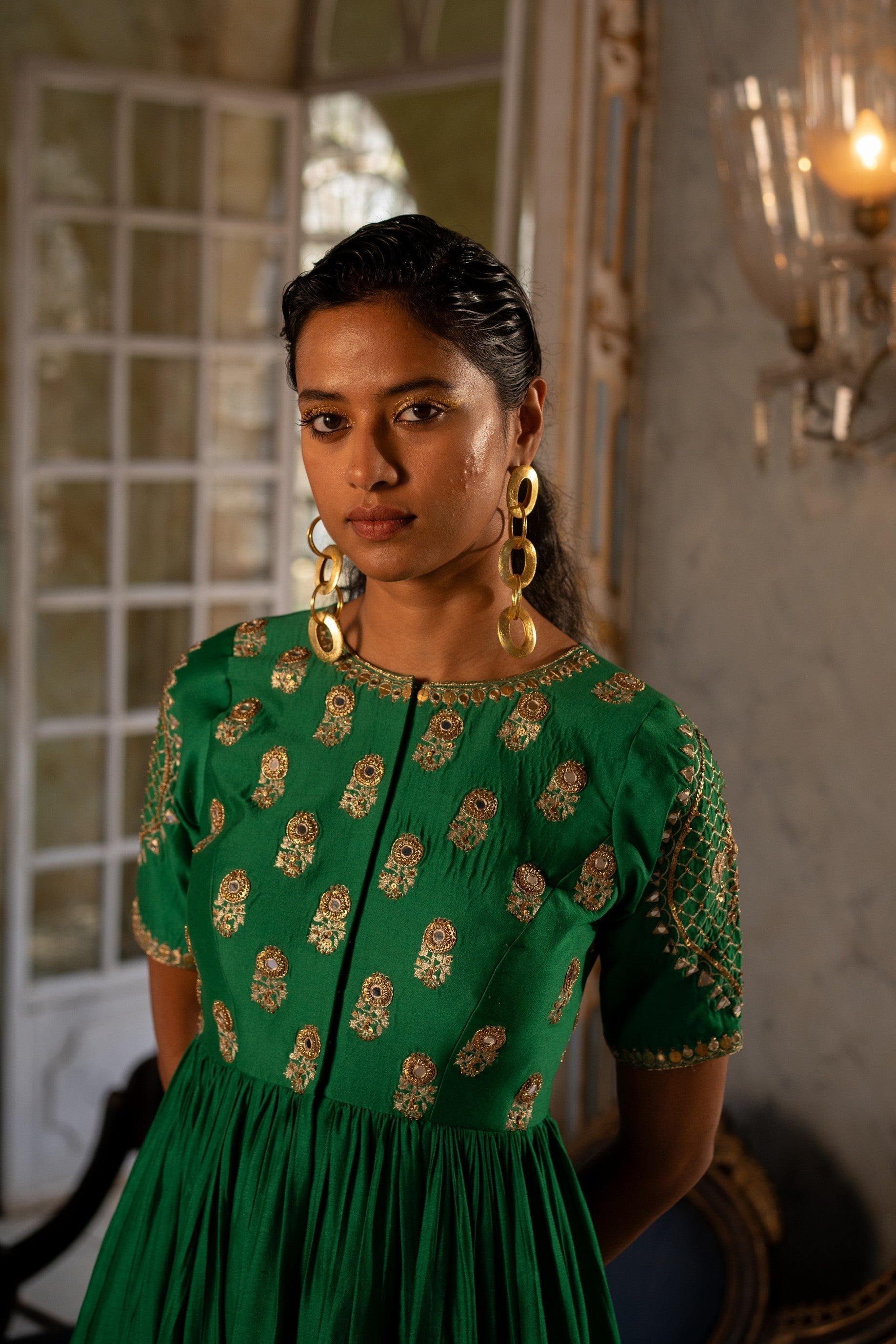 EMERALD GREEN MOTIF PEPLUM SET