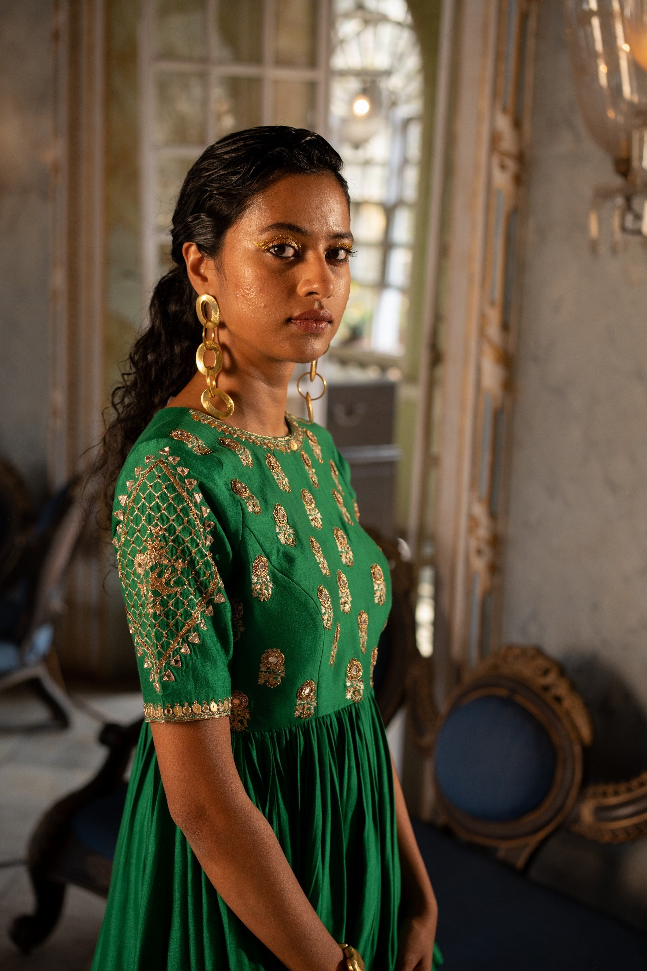 EMERALD GREEN MOTIF PEPLUM SET