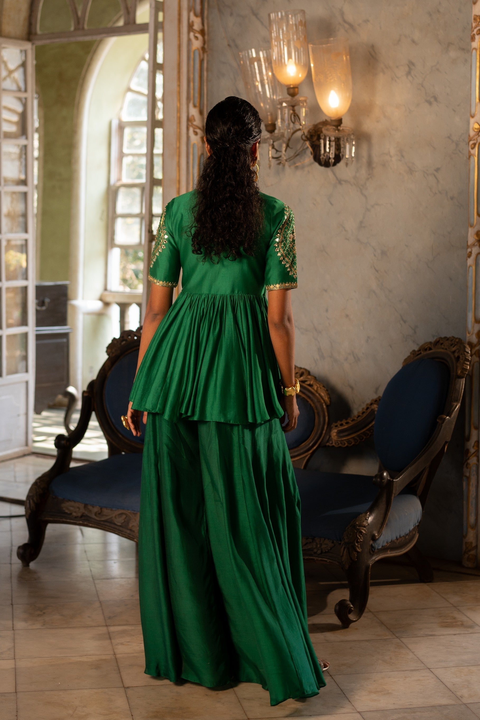 EMERALD GREEN MOTIF PEPLUM SET