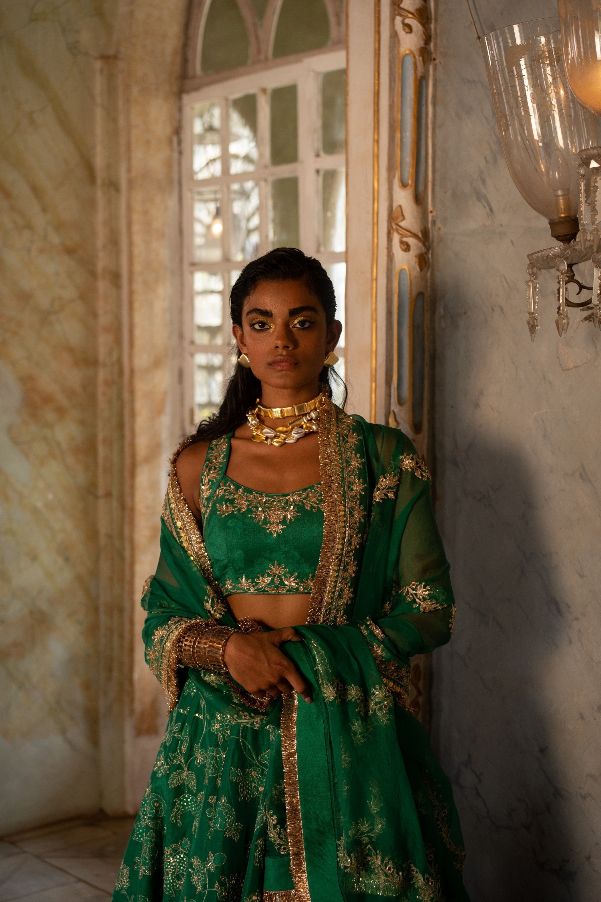 EMERALD GREEN SELF WOVEN LEHENGA SET