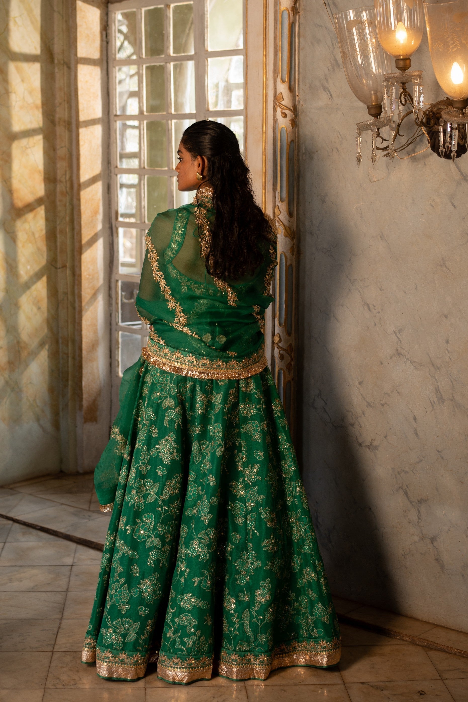 EMERALD GREEN SELF WOVEN LEHENGA SET