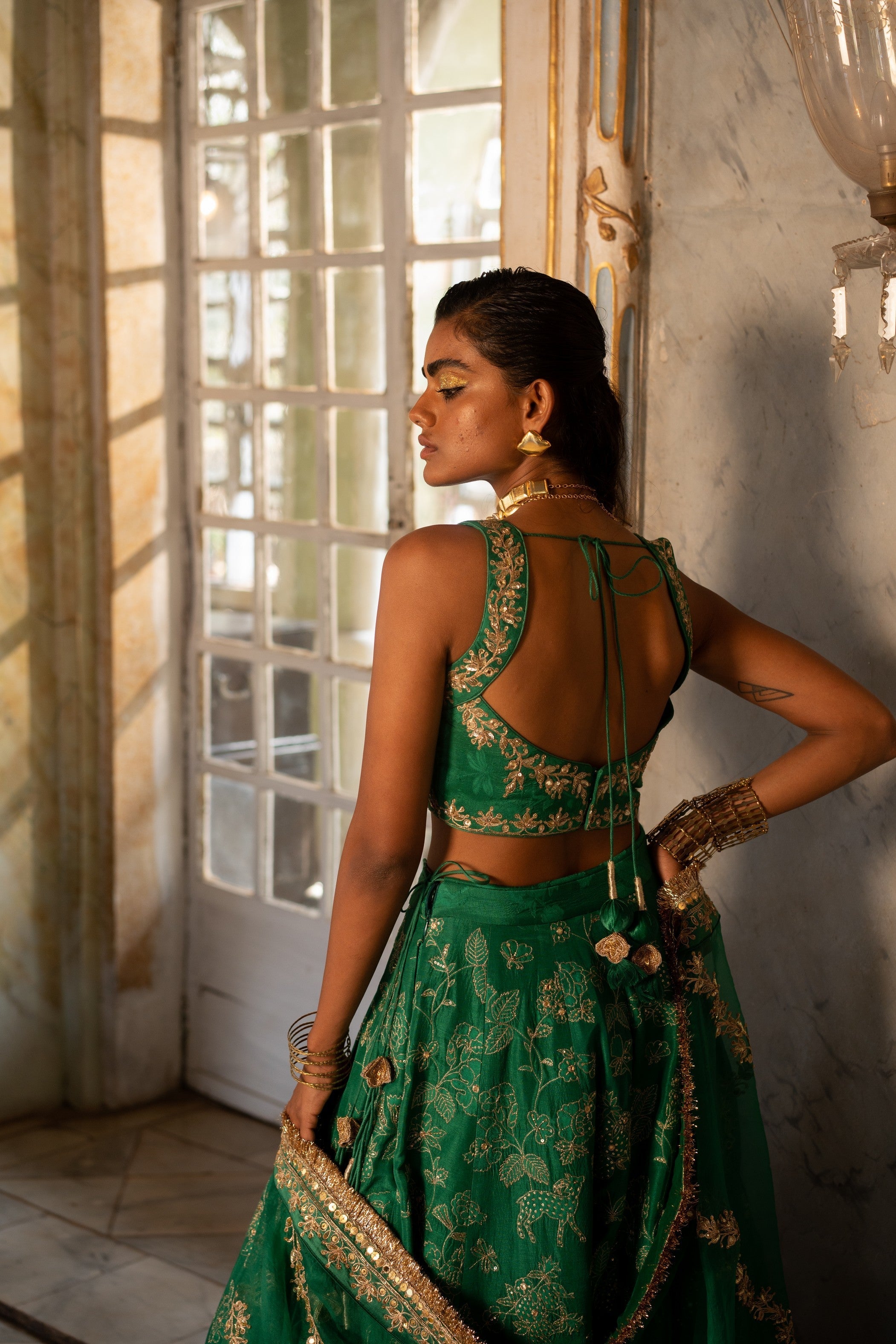 EMERALD GREEN SELF WOVEN LEHENGA SET