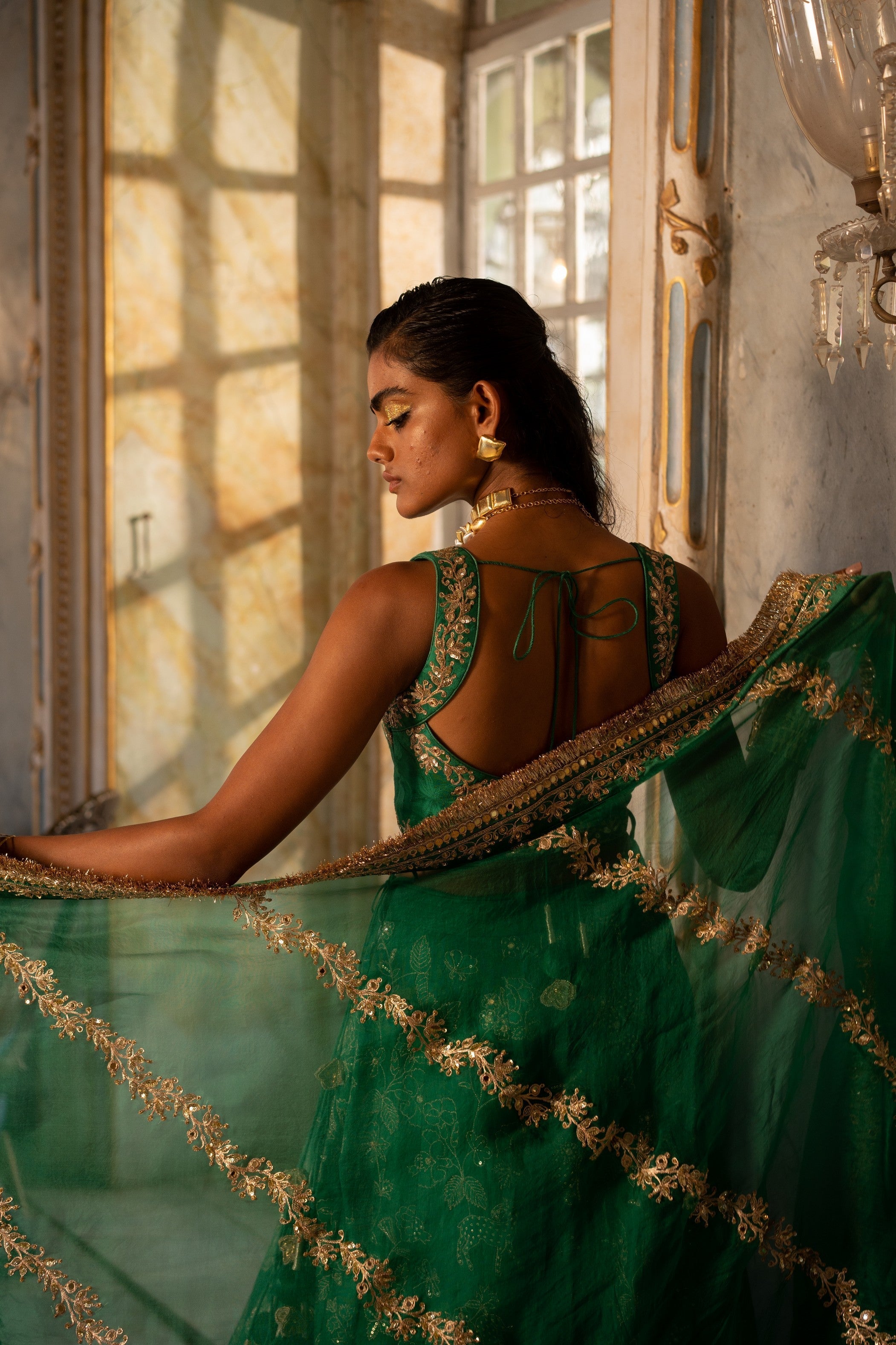 EMERALD GREEN SELF WOVEN LEHENGA SET