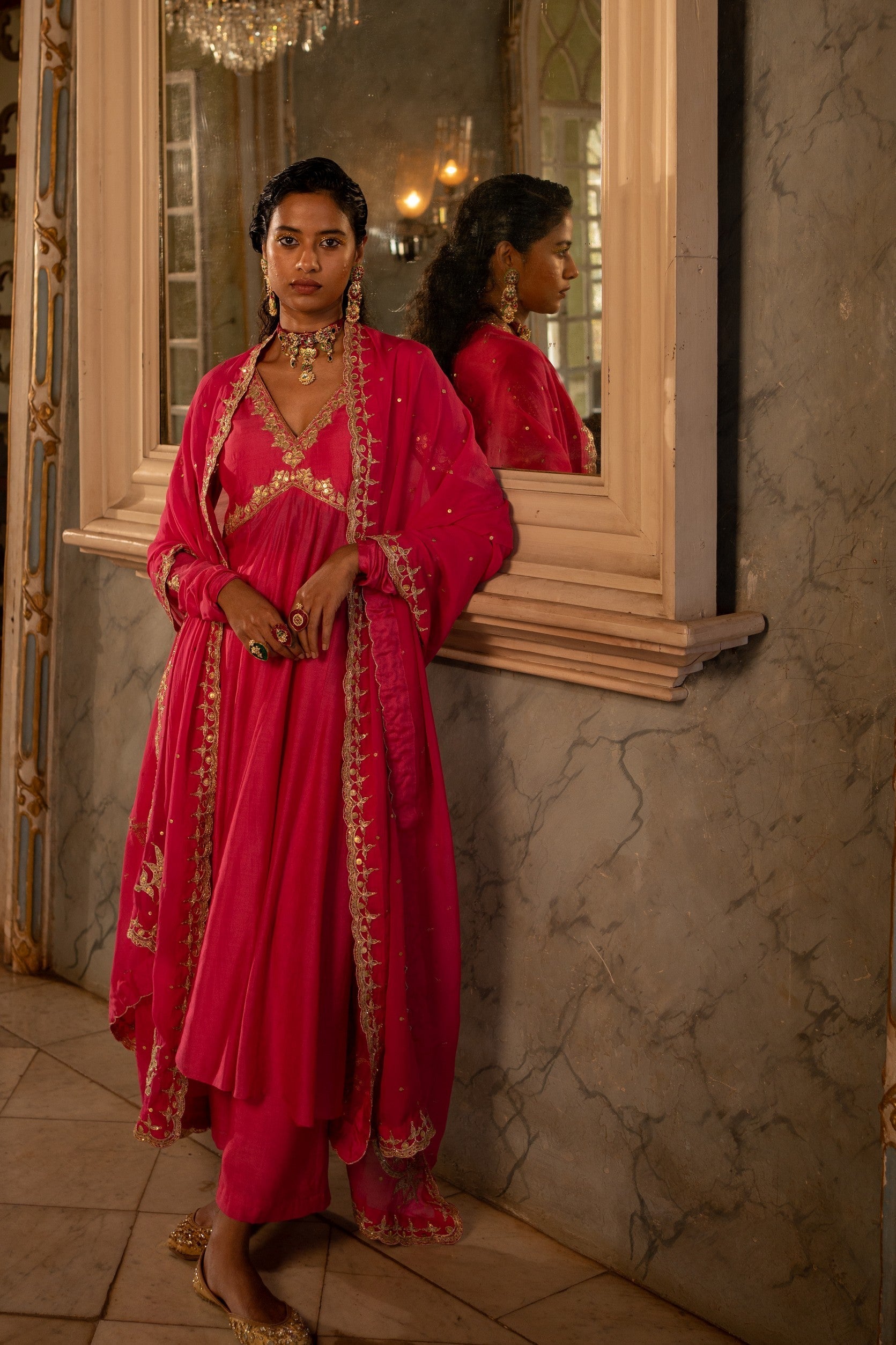 FUSCHIA PINK V NECK ANARKALI SET