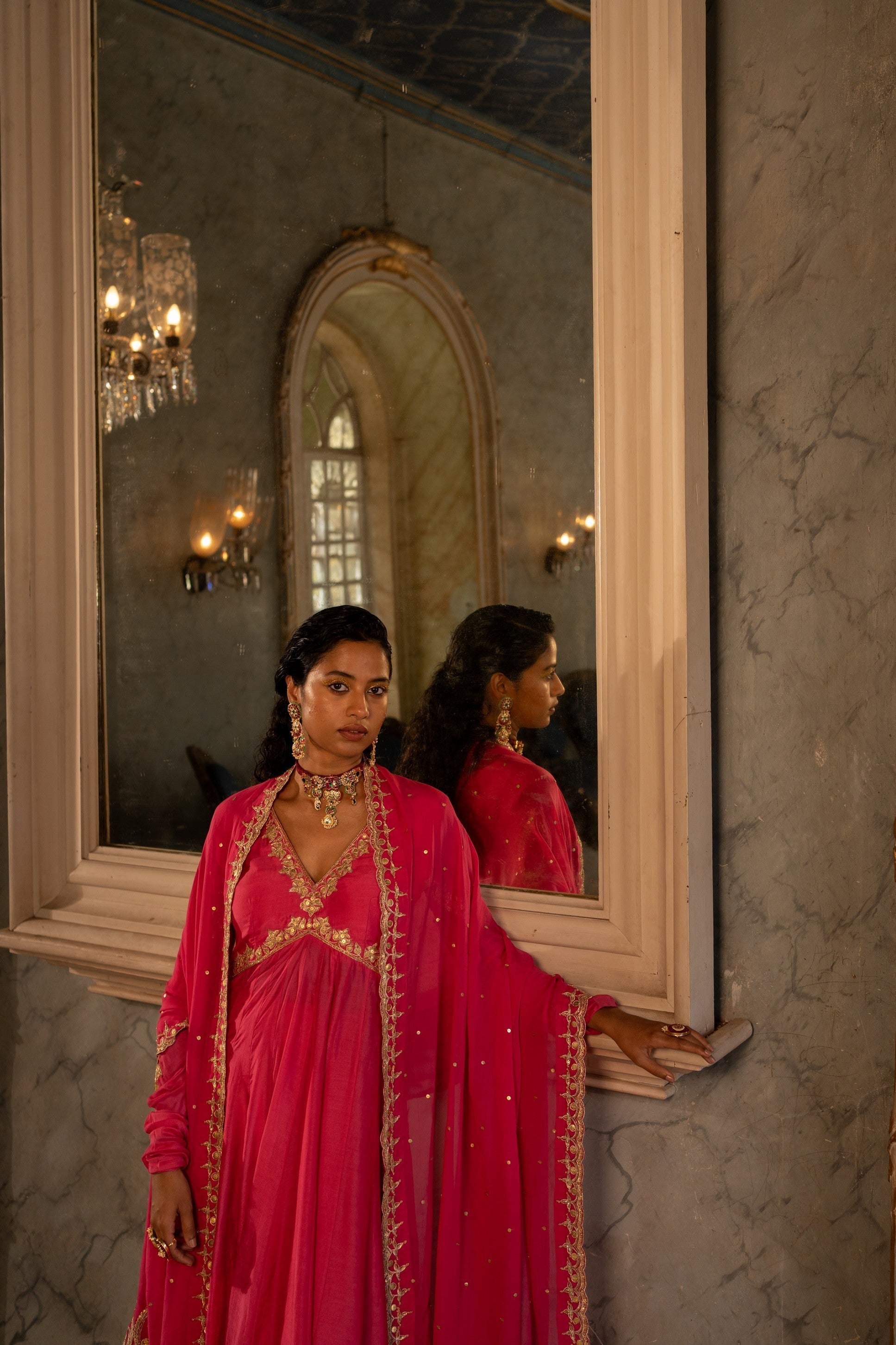 FUSCHIA PINK V NECK ANARKALI SET