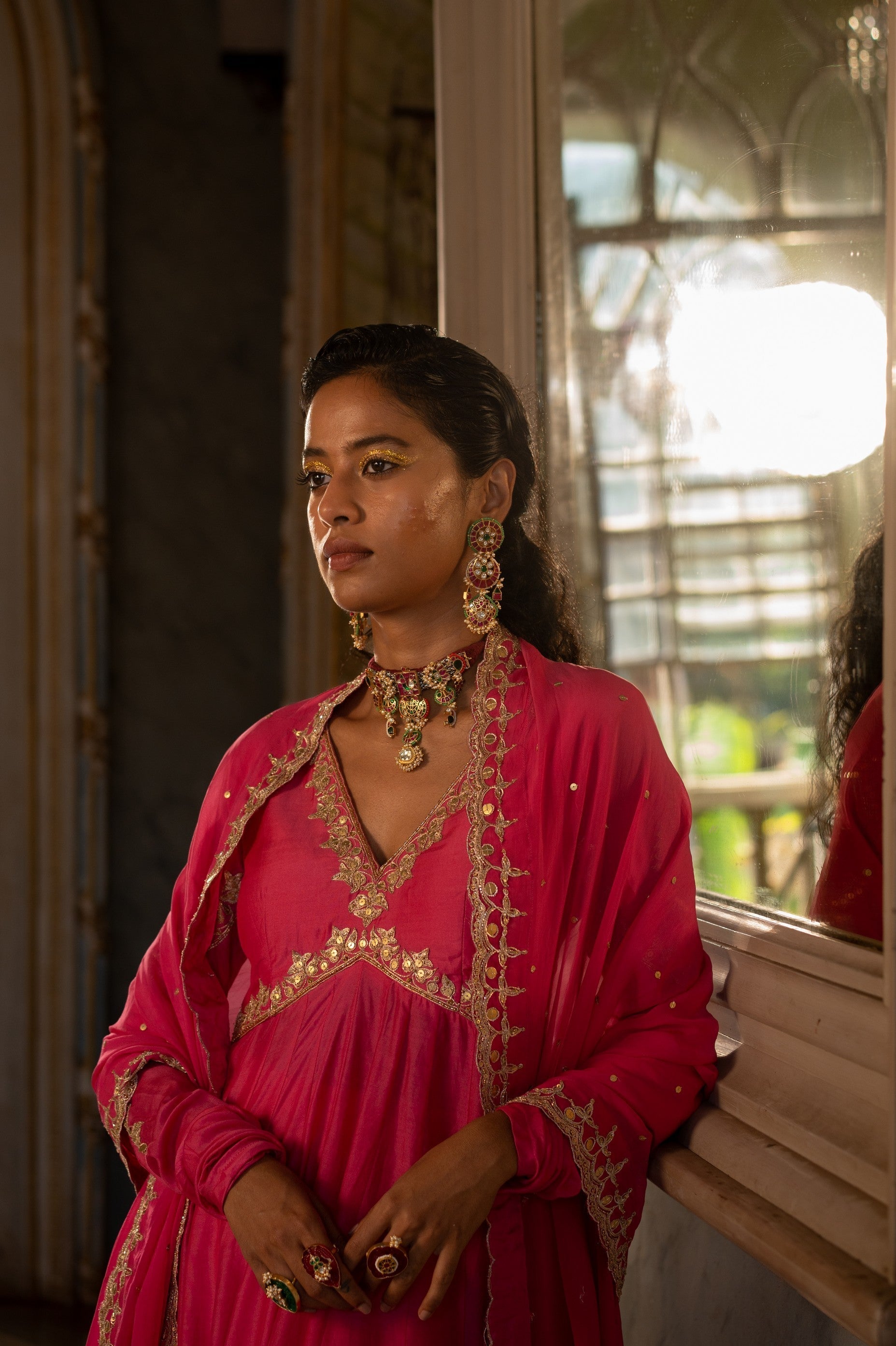 FUSCHIA PINK V NECK ANARKALI SET