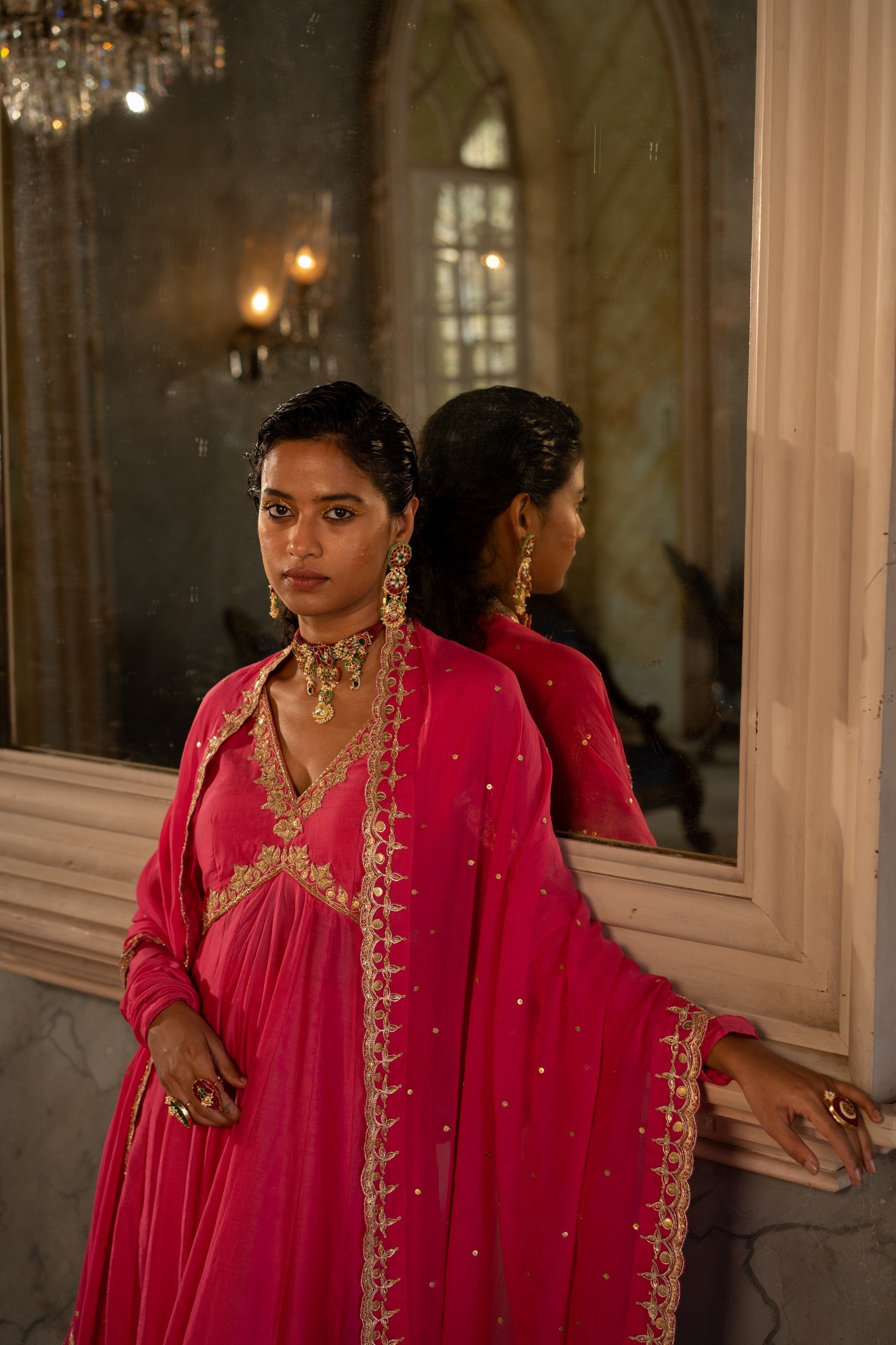 FUSCHIA PINK V NECK ANARKALI SET