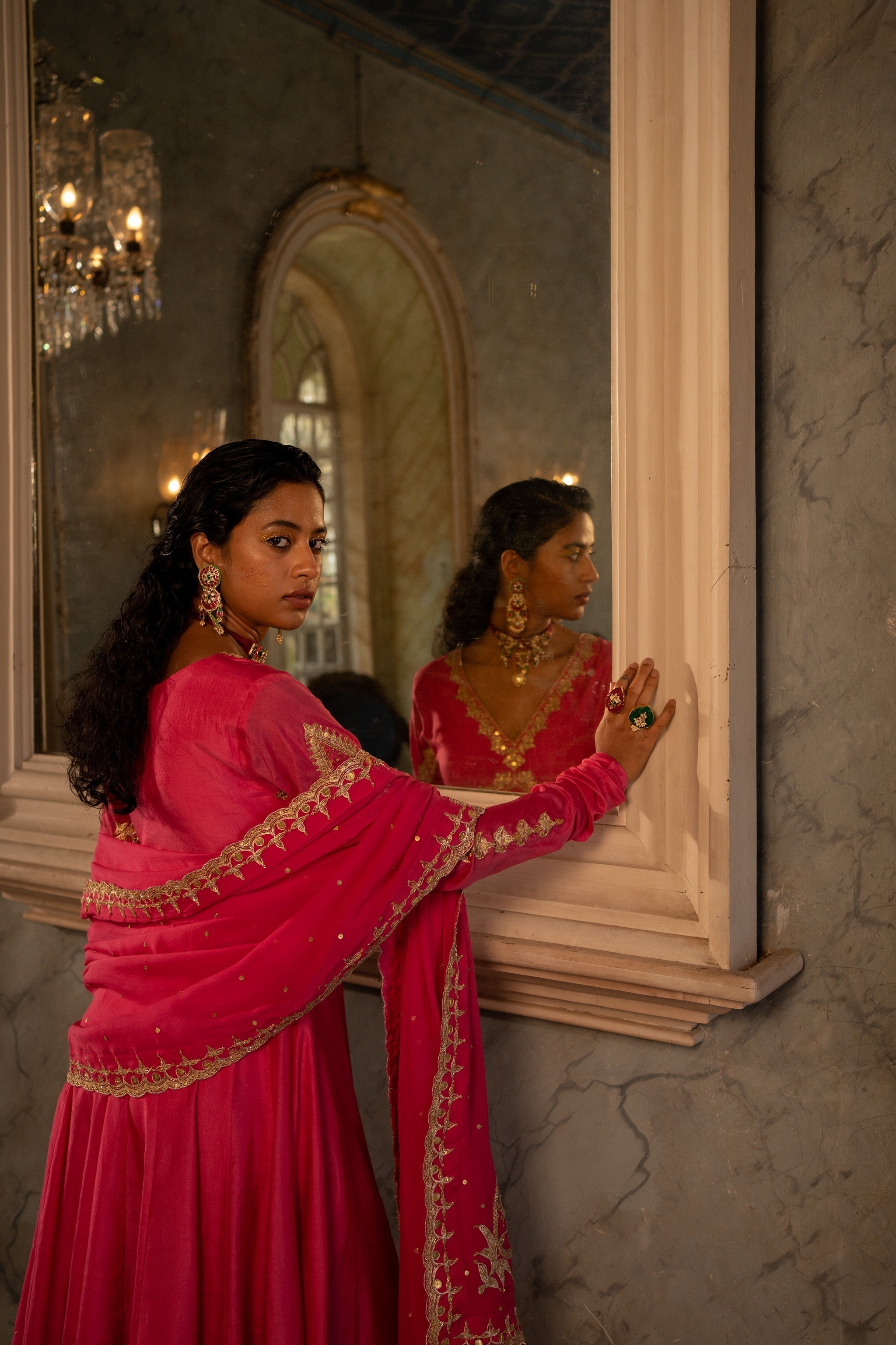 FUSCHIA PINK V NECK ANARKALI SET