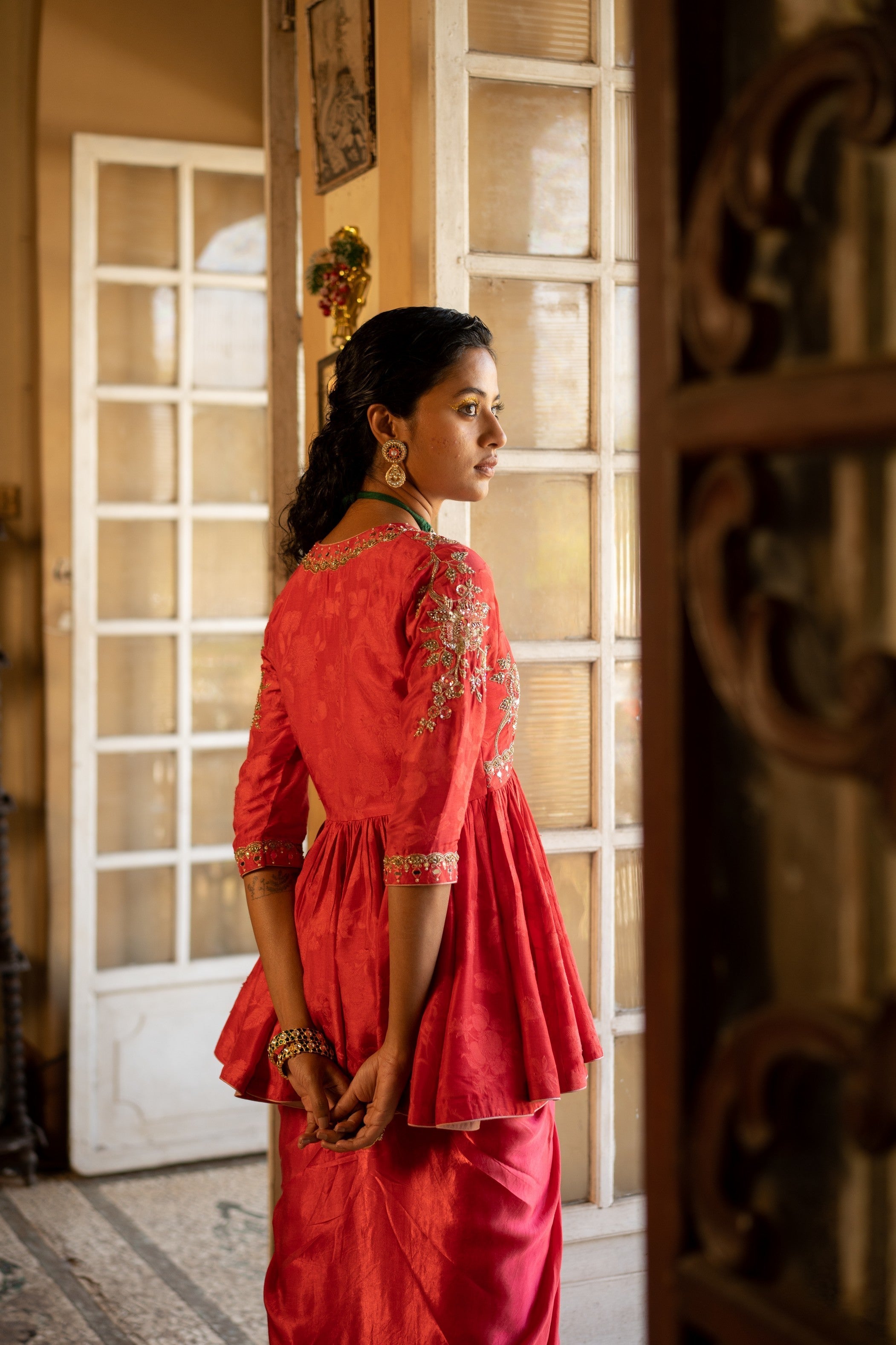 RED SELF WOVEN PEPLUM SET