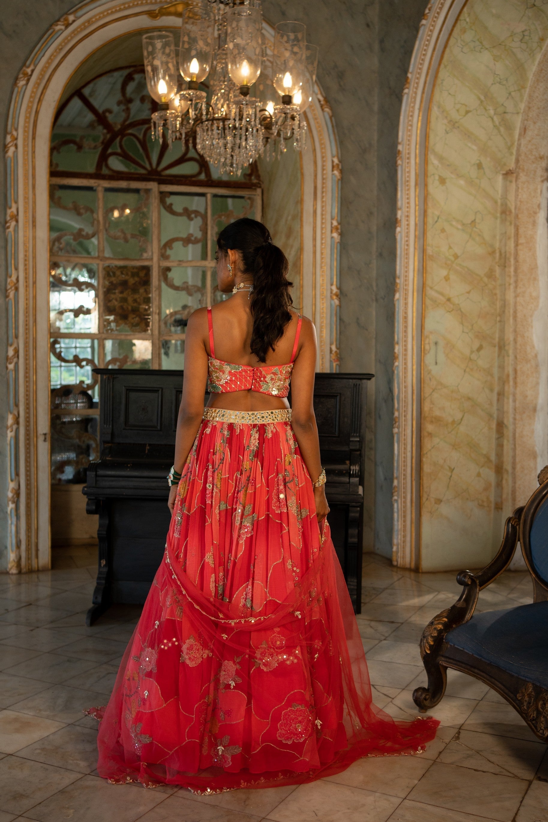 RED NAKHSA PRINTED LEHENGA SET