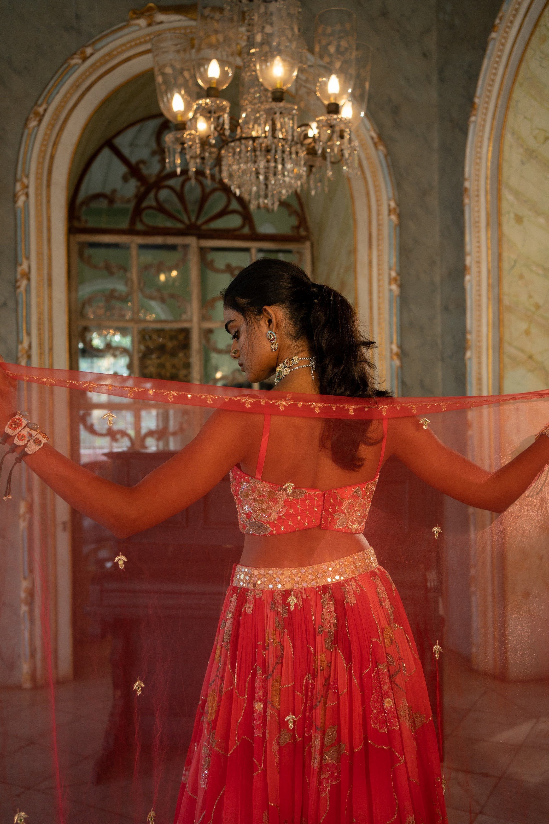 RED NAKHSA PRINTED LEHENGA SET