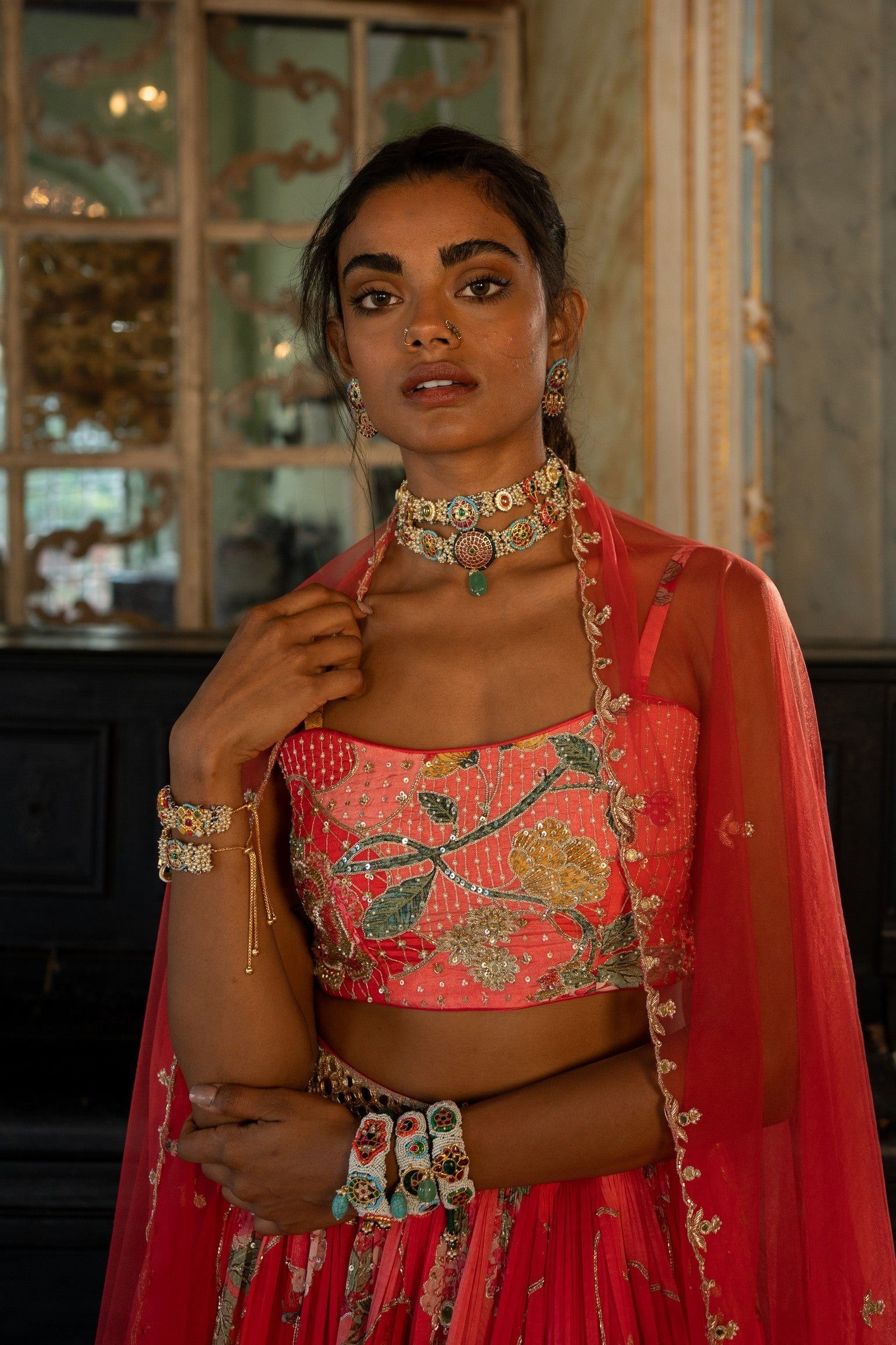 RED NAKHSA PRINTED LEHENGA SET