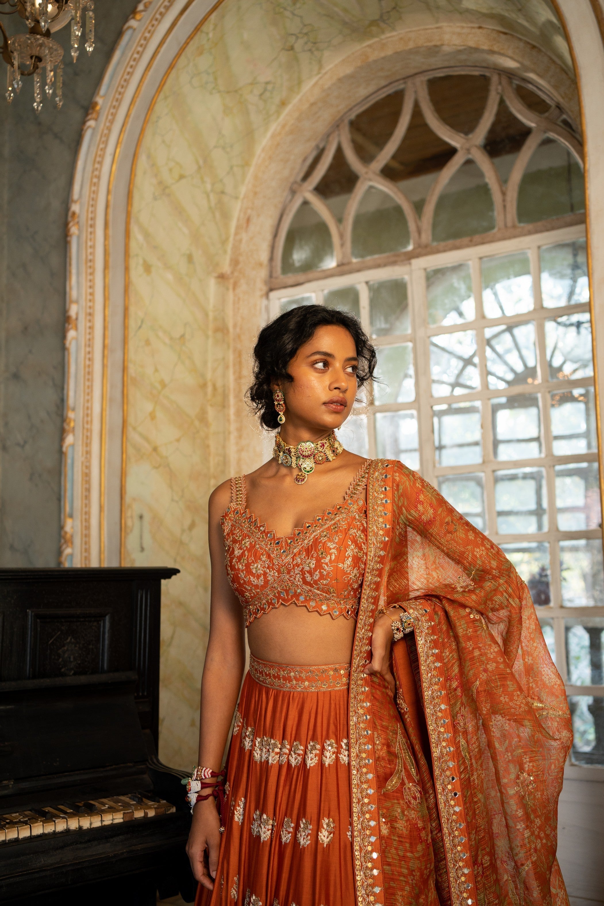 BURNT ORANGE BUTI EMBROIDERED LEHENGA SET