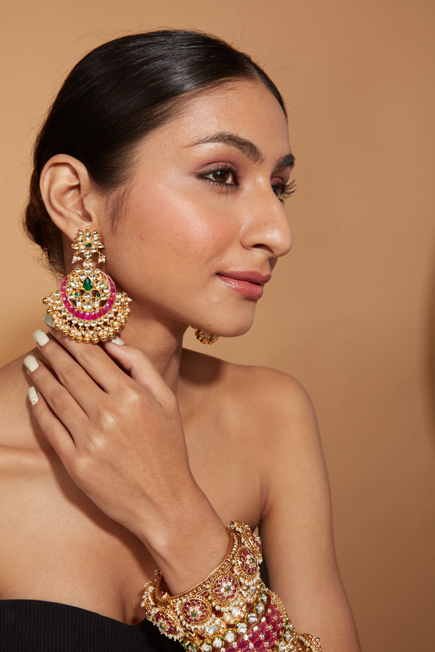 Gold Plated Kundan With Pink Onyx Chaandbali Dangle Earrings