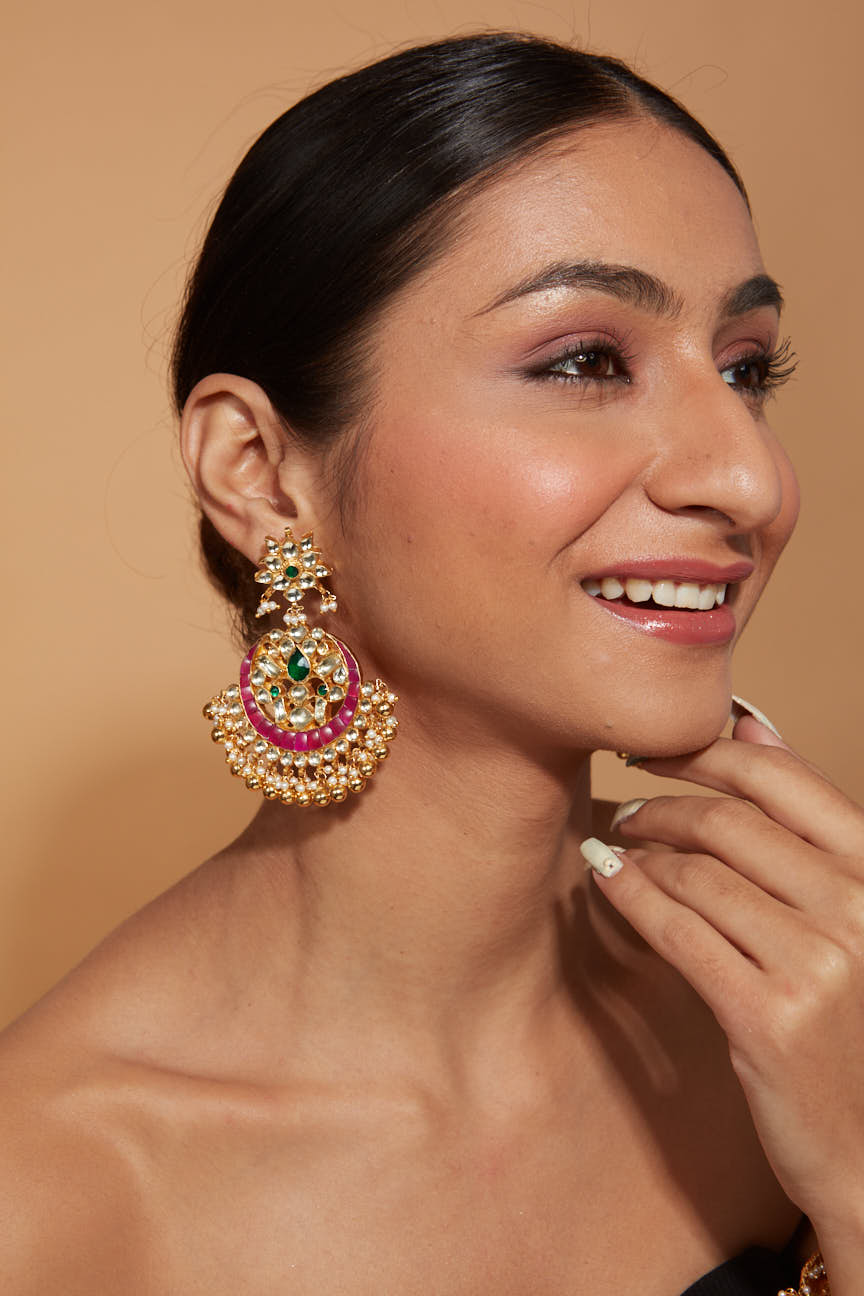Gold Plated Kundan With Pink Onyx Chaandbali Dangle Earrings