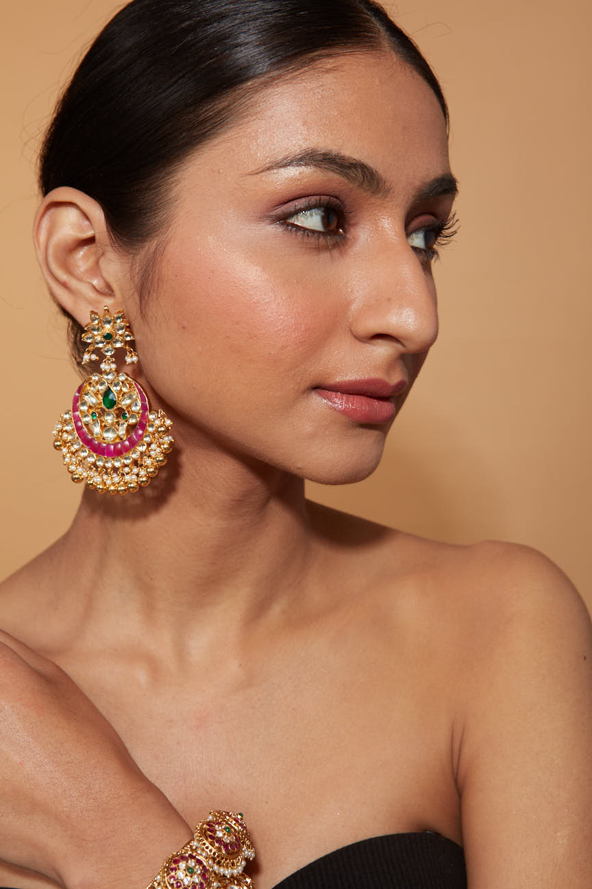 Gold Plated Kundan With Pink Onyx Chaandbali Dangle Earrings