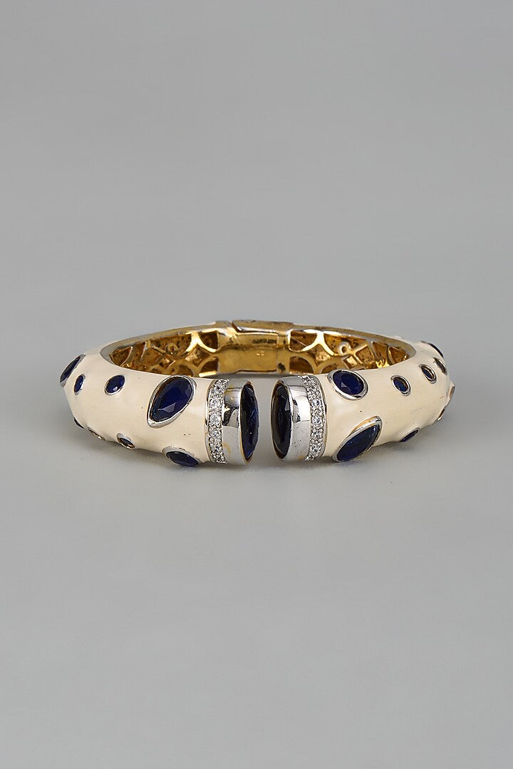 White Enamel Blue Onex Stone Open Cuff Kada