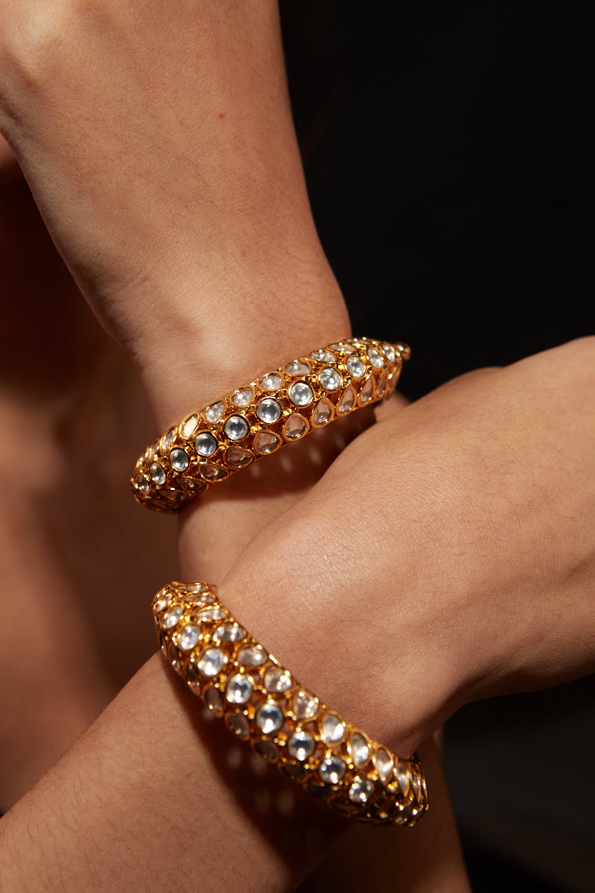 Gold Plated Kundan Polki Studded Screw Openable Bangles, Set of 2