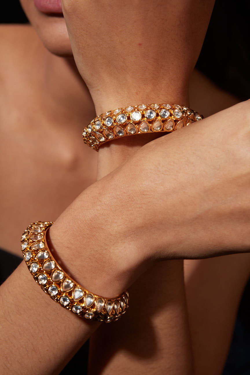 Gold Plated Kundan Polki Studded Screw Openable Bangles, Set of 2