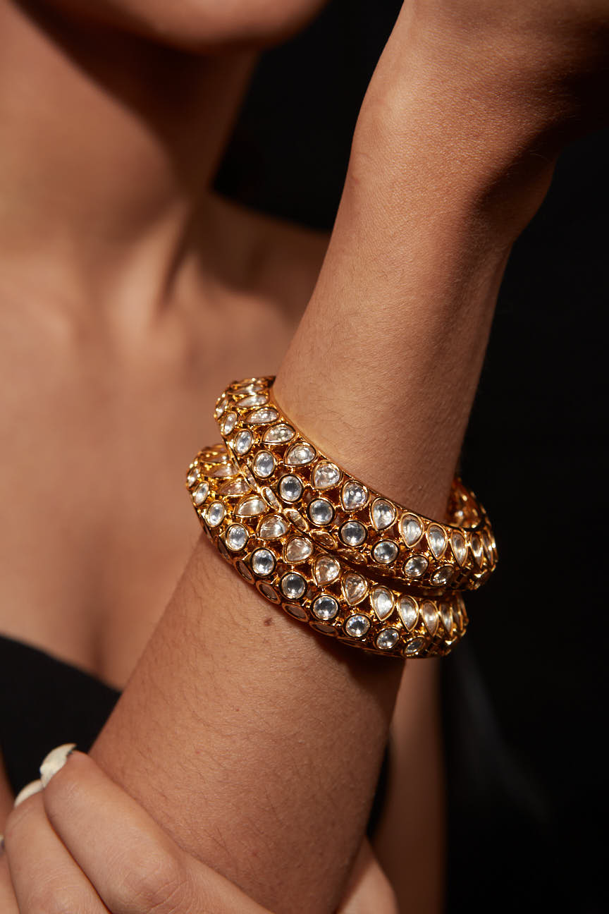 Gold Plated Kundan Polki Studded Screw Openable Bangles, Set of 2