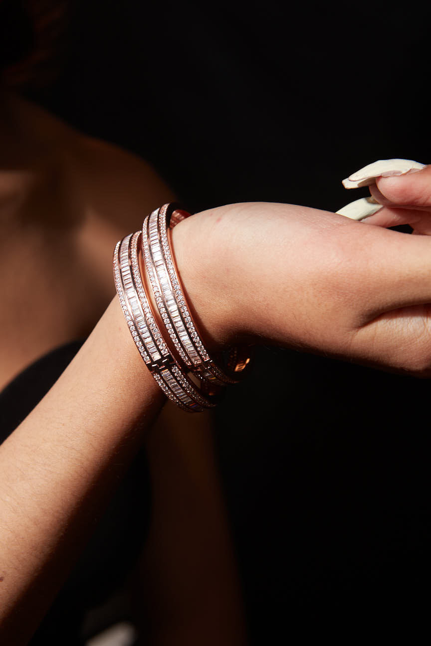 Rose Gold Plated Zircon Studded Pop Style Hook Openable Bangles, Set of 2