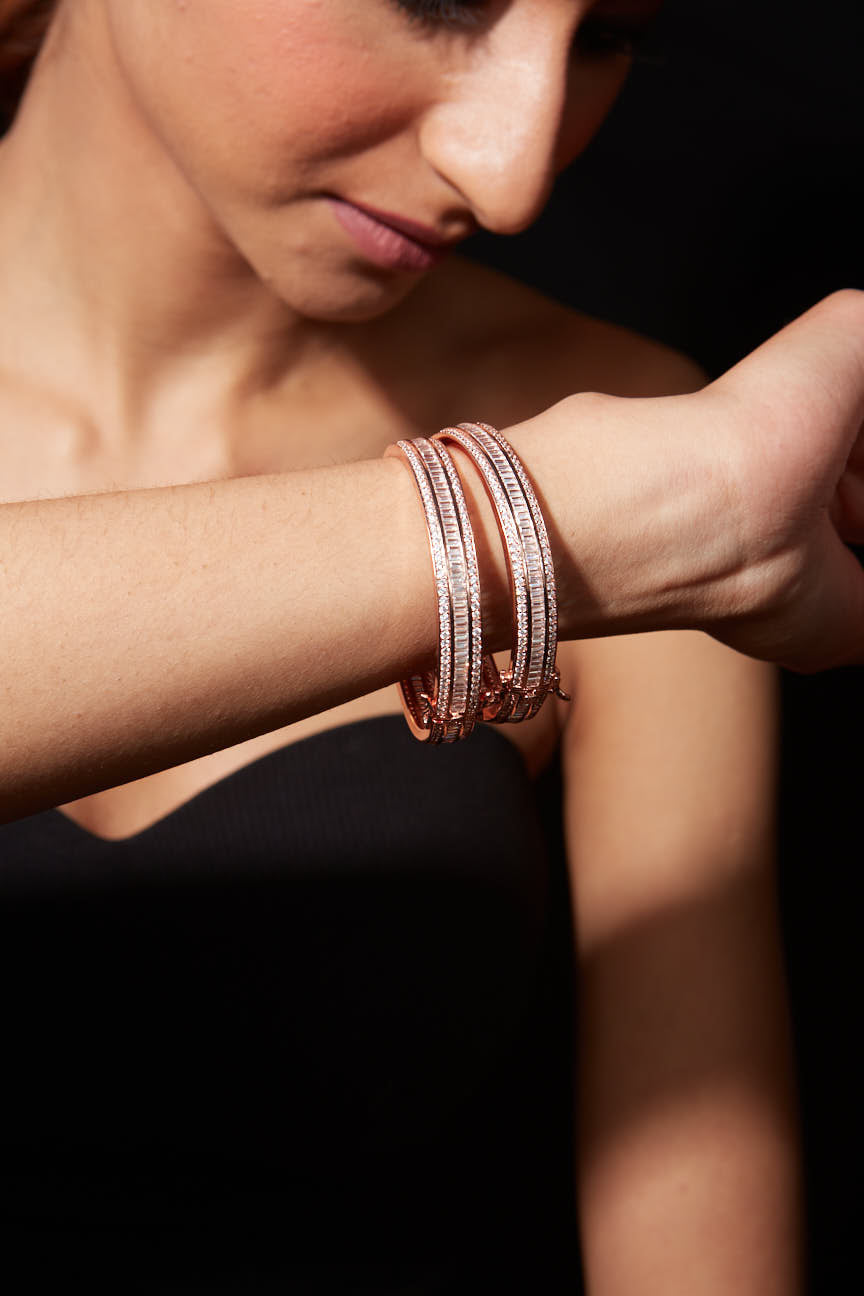 Rose Gold Plated Zircon Studded Pop Style Hook Openable Bangles, Set of 2