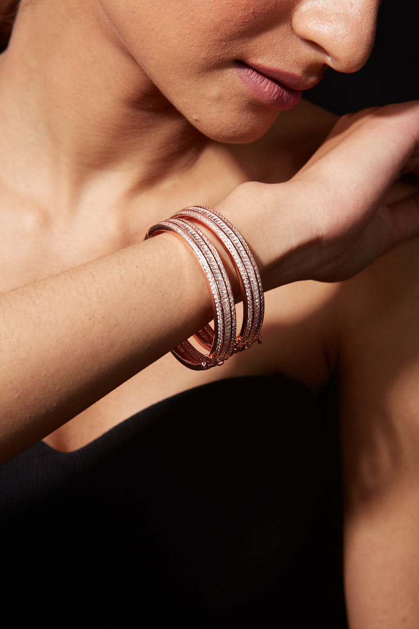 Rose Gold Plated Zircon Studded Pop Style Hook Openable Bangles, Set of 2
