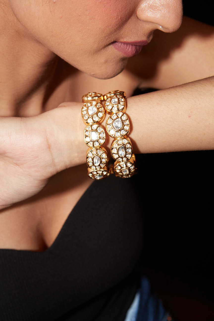 Gold Plated Kundan Polki Studded Screw Openable Bangles, Set of 2