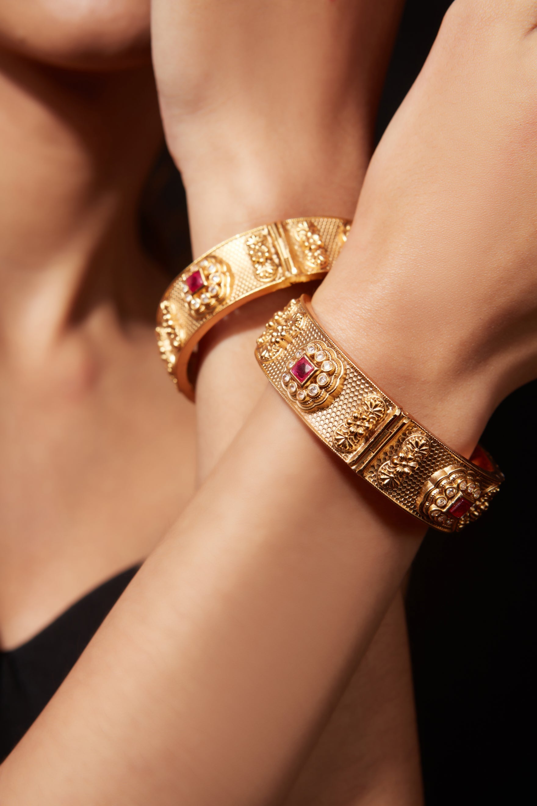 Gold Plated Red Onyx Temple Bangles, Set of 2