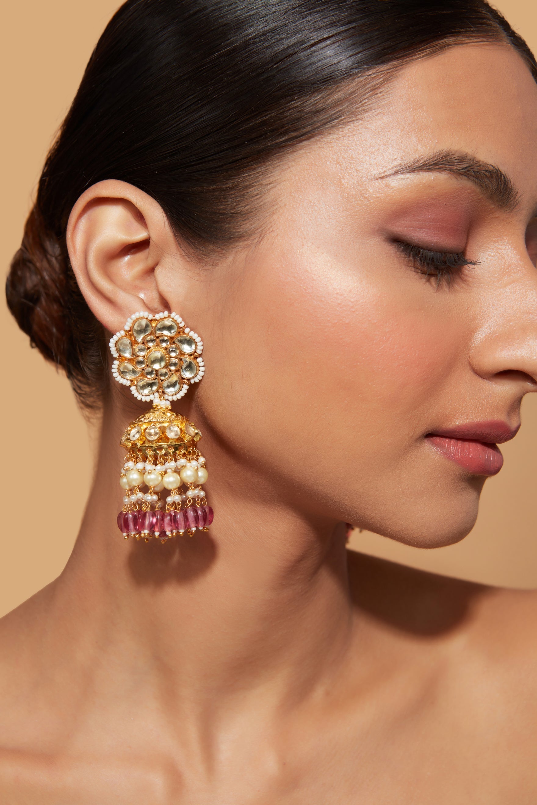 Gold Plated Kundan Studded With Pink Bead Drop Jhumka Earrings