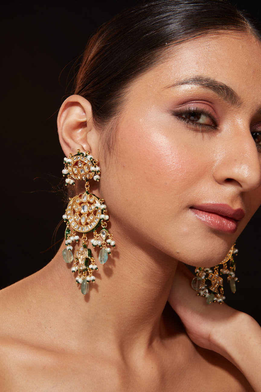 Gold Plated Kundan Studded Meenakari With Green Beads Drop Dangle Earrings