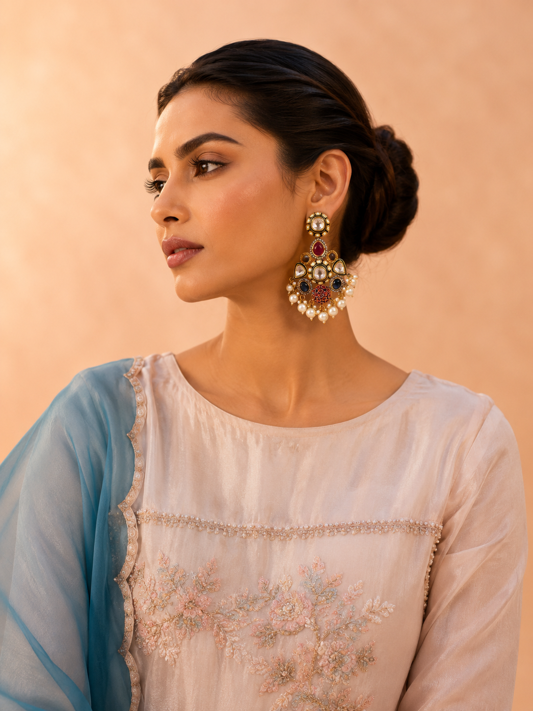 Multicolour Polki Drop Earrings with Pearl Accents