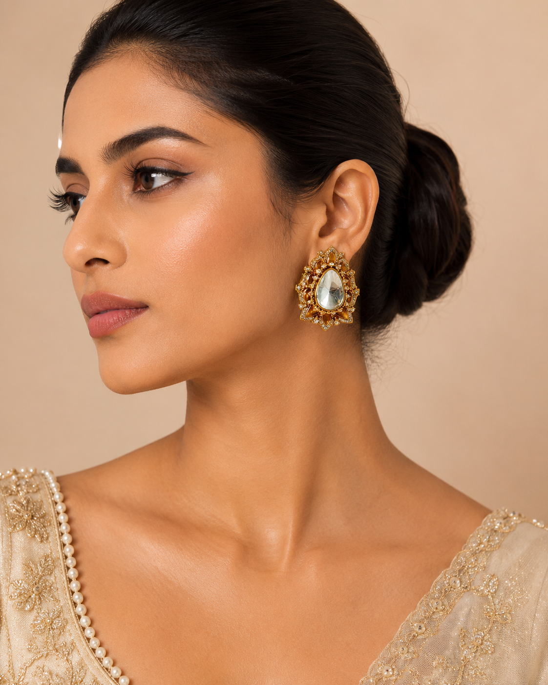 Pear Cut Polki Floral Stud Earrings