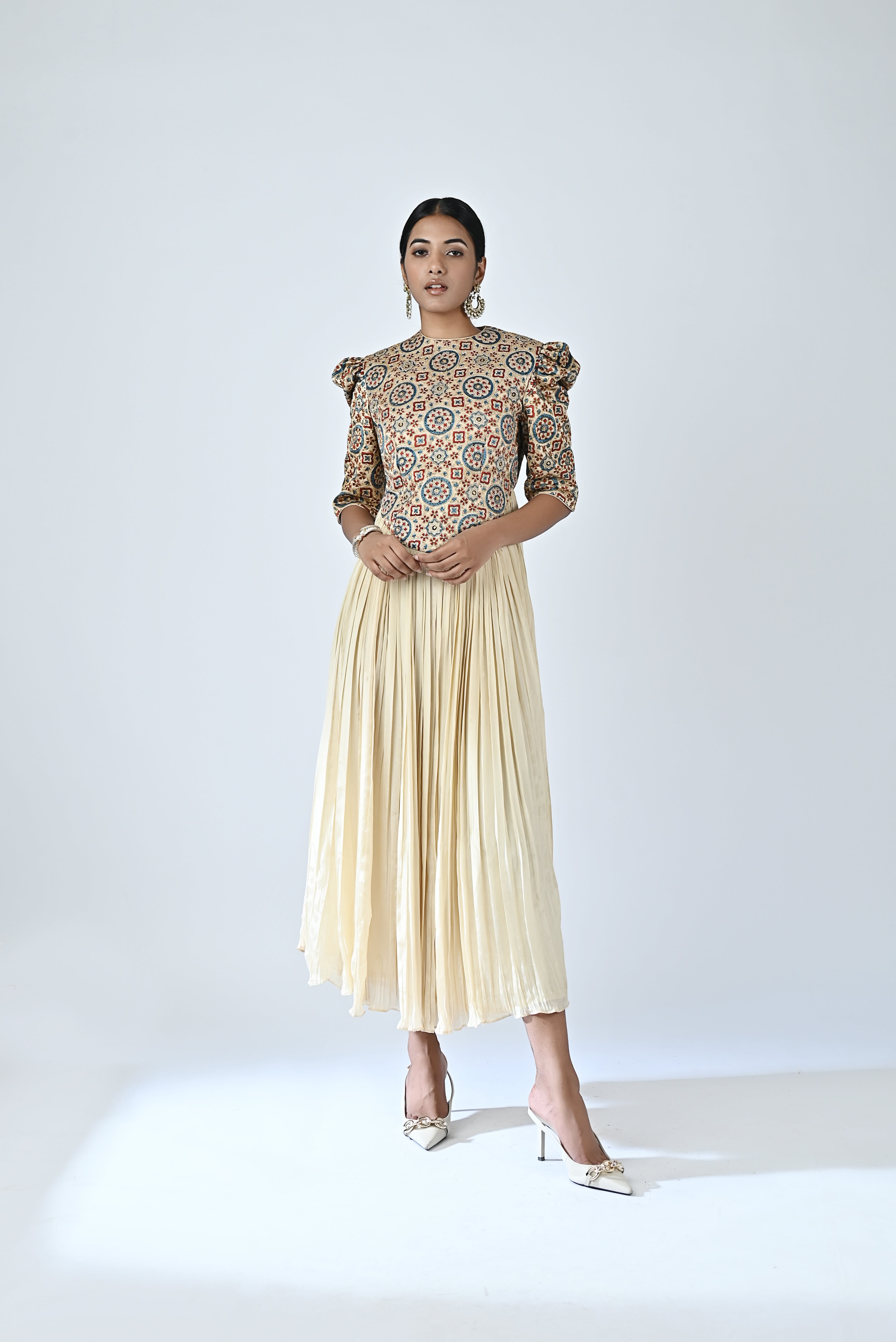 Ajrakh embellished gathered dress