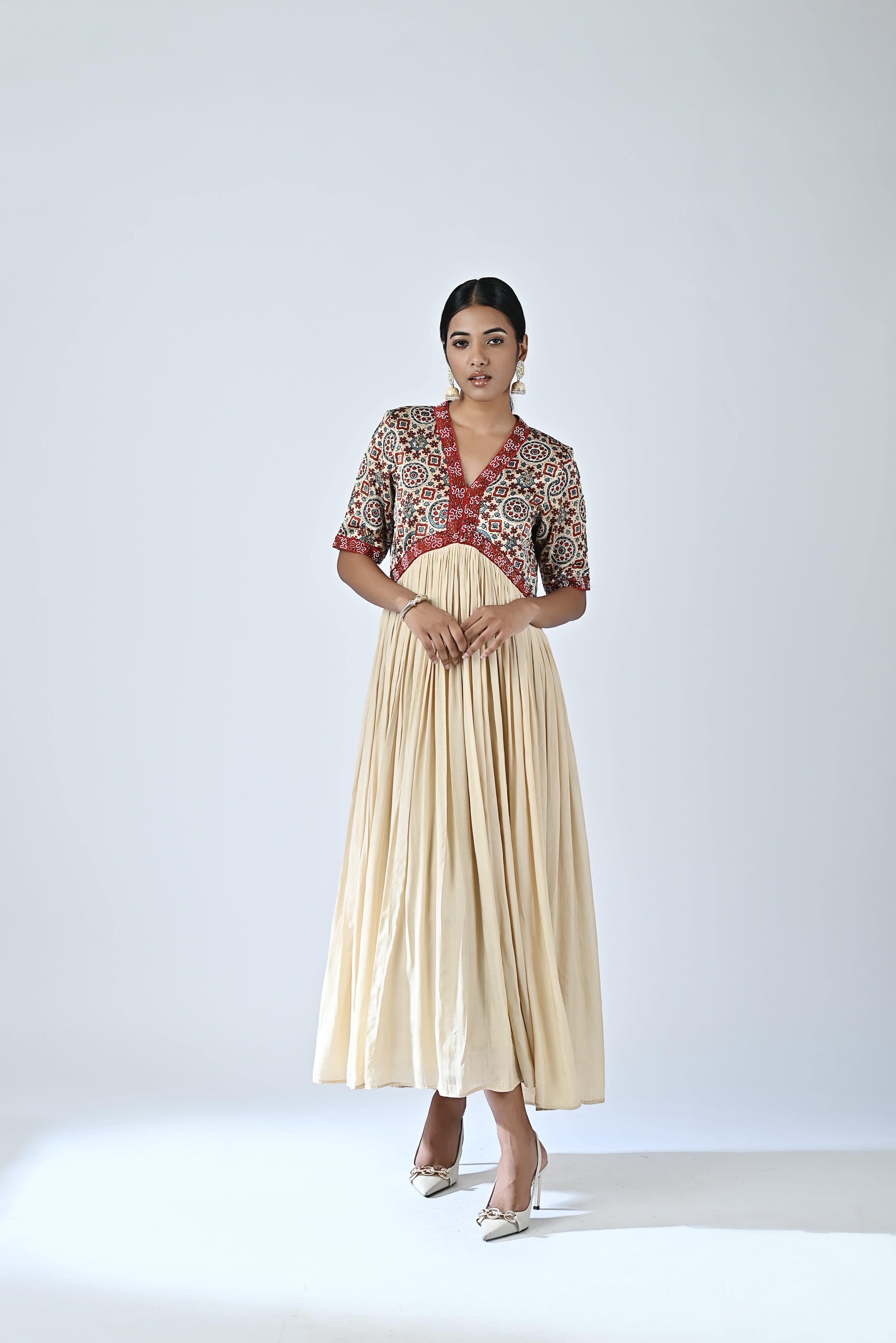 Ajrakh embellished v neck gathered dress
