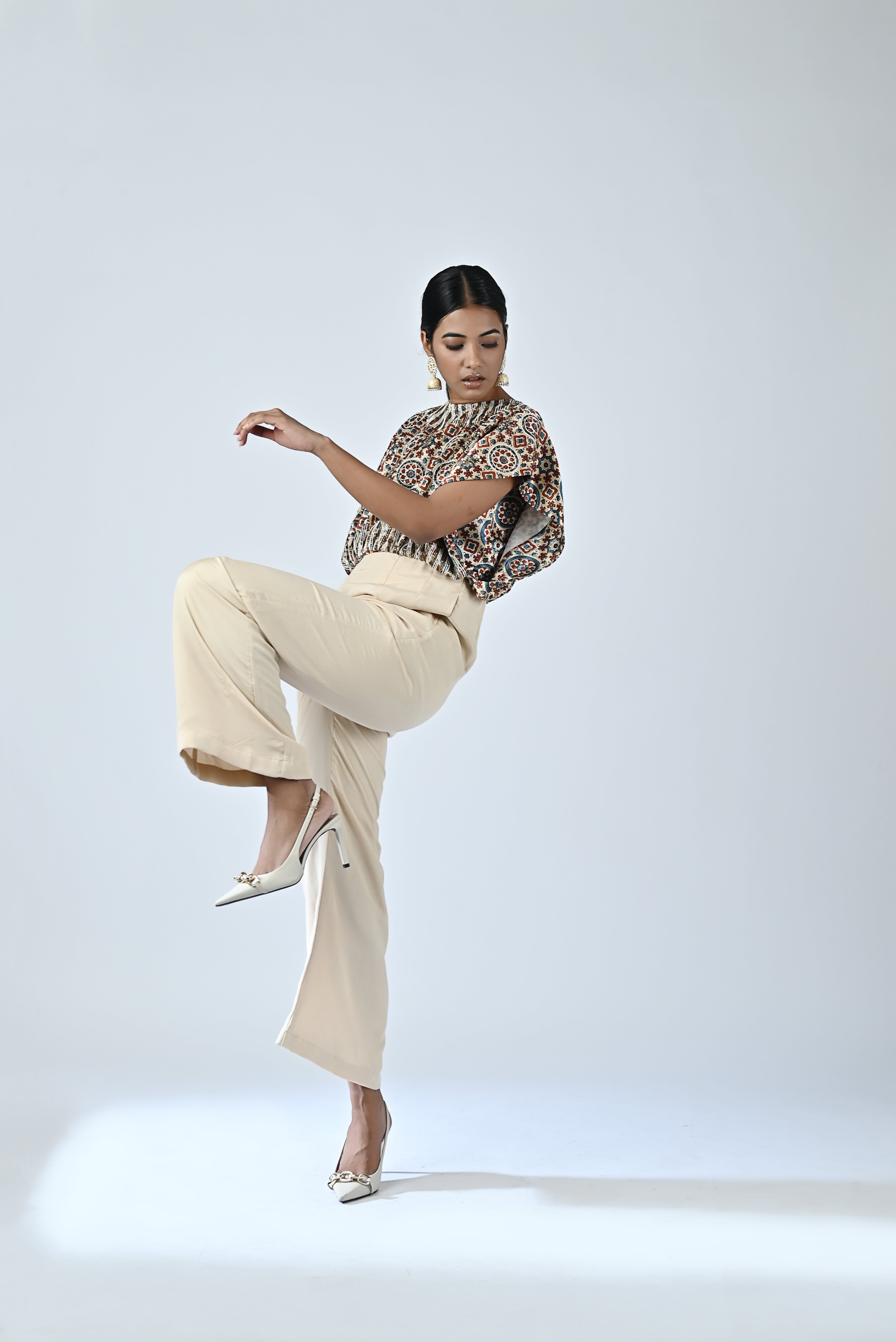 Beige embroidered ajrakh jumpsuit