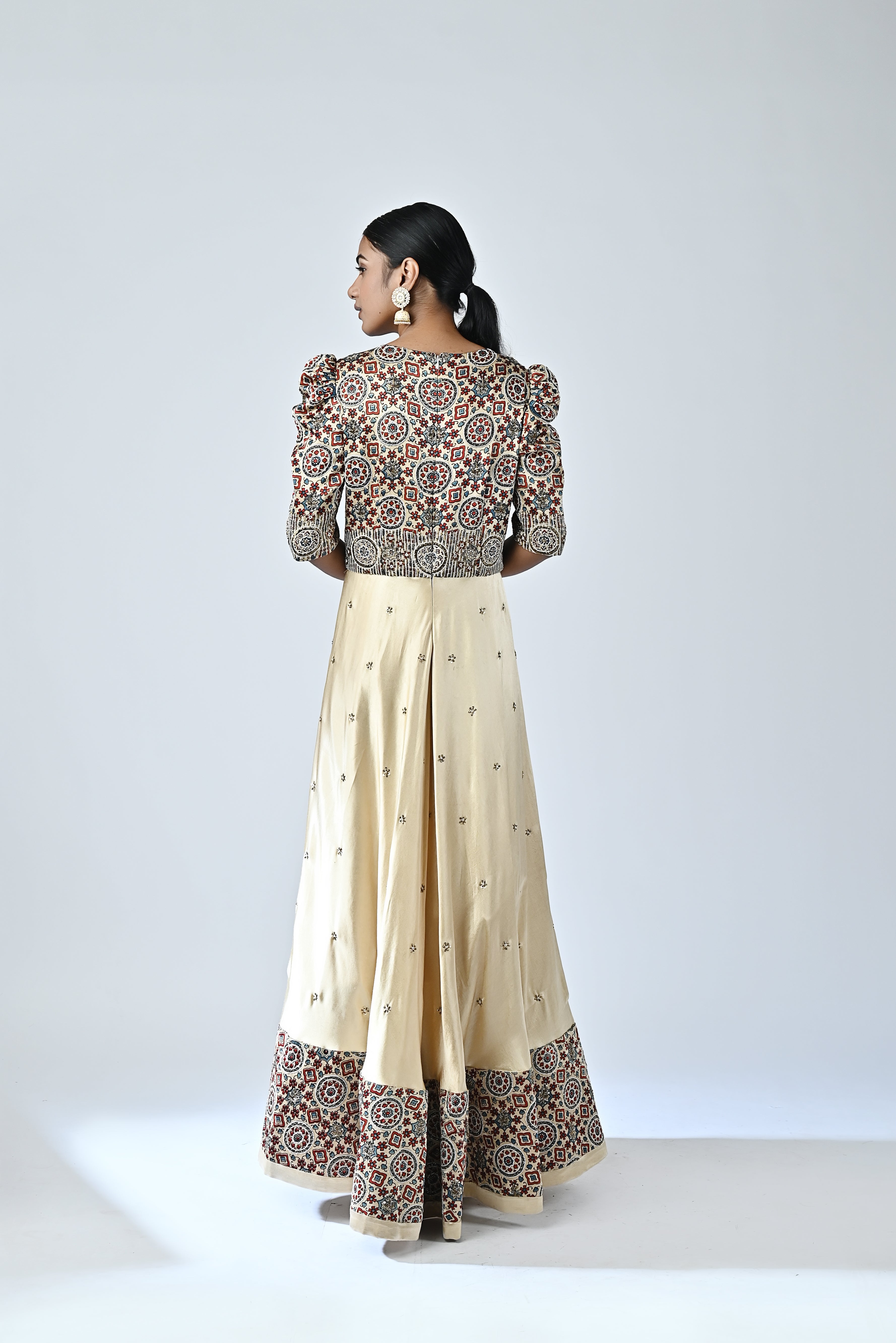 Ajrakh embroidered puffed sleeve anarkali