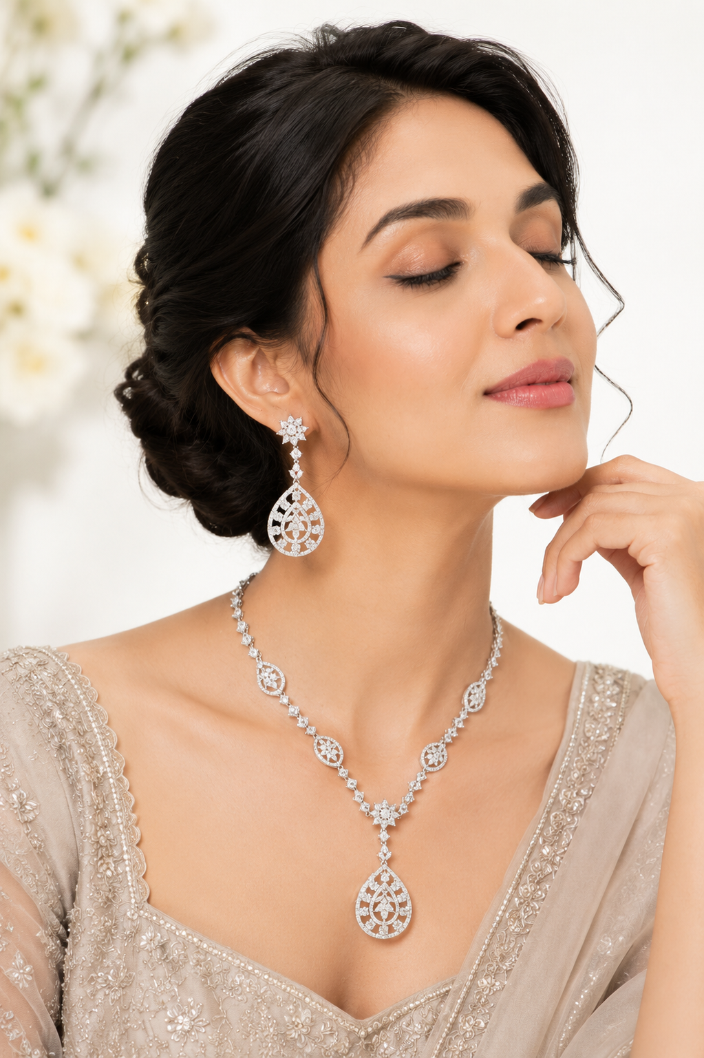 Luxury Cubic Zirconia Teardrop Necklace Set with Statement Earrings