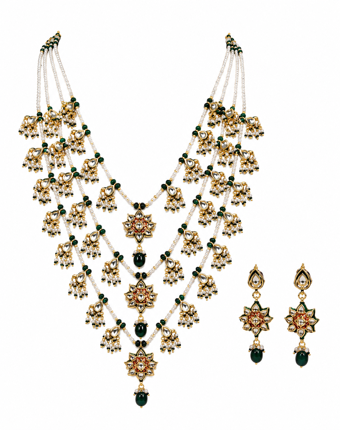 Layered Kundan & Emerald Beaded Necklace Set
