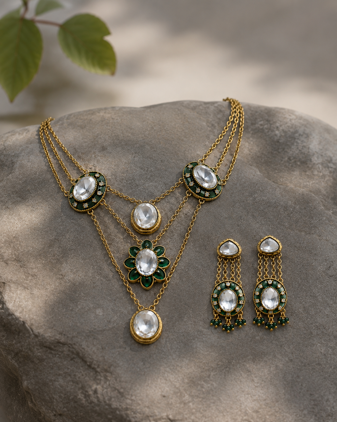 Emerald Kundan Layered Necklace Set with Drop Earrings