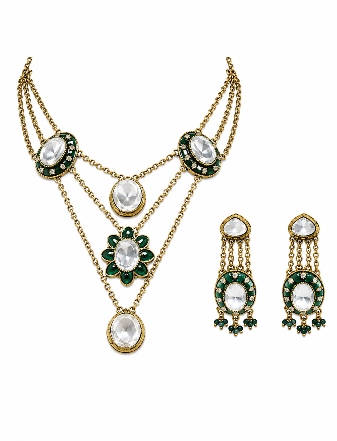 Emerald Kundan Layered Necklace Set with Drop Earrings