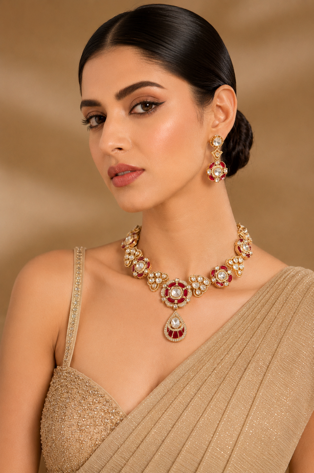 Ruby Kundan Choker Necklace Set with Drop Earrings