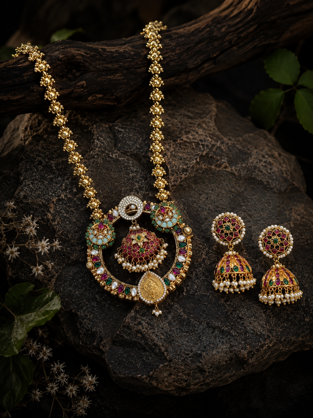 Heritage Polki Long Pendant Necklace & Jhumka Set
