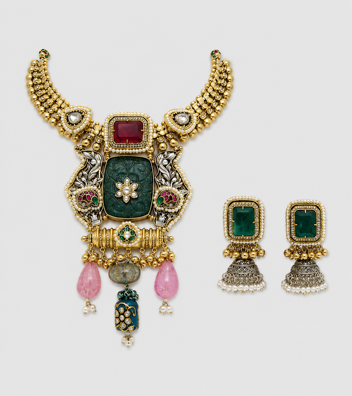Green Carved Stone Statement Necklace Set with Designer Earrings