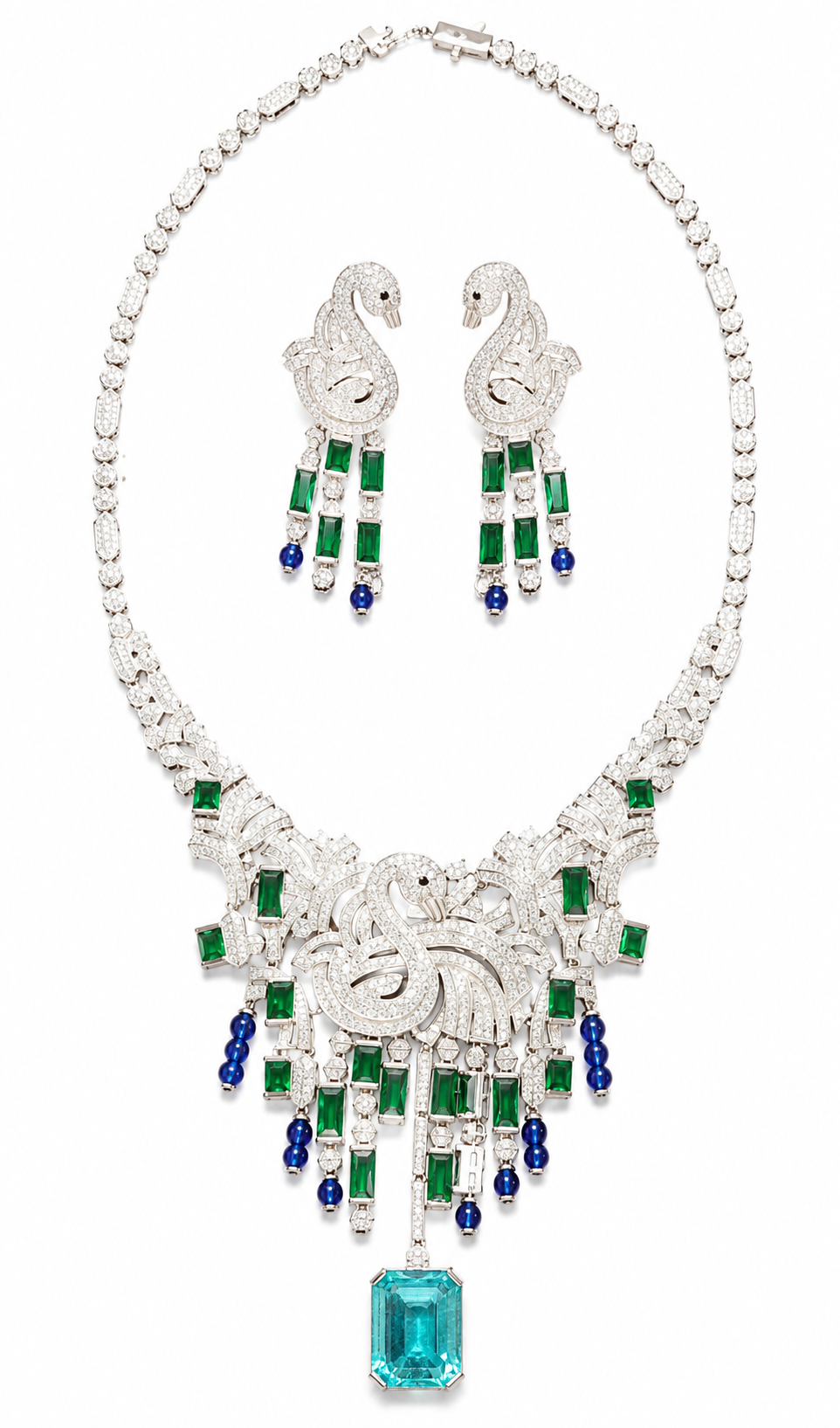 Emerald Sapphire Swan Diamond Statement Necklace Set