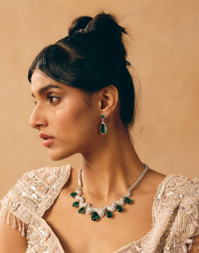 Emerald Teardrop Necklace Set with Drop Earrings